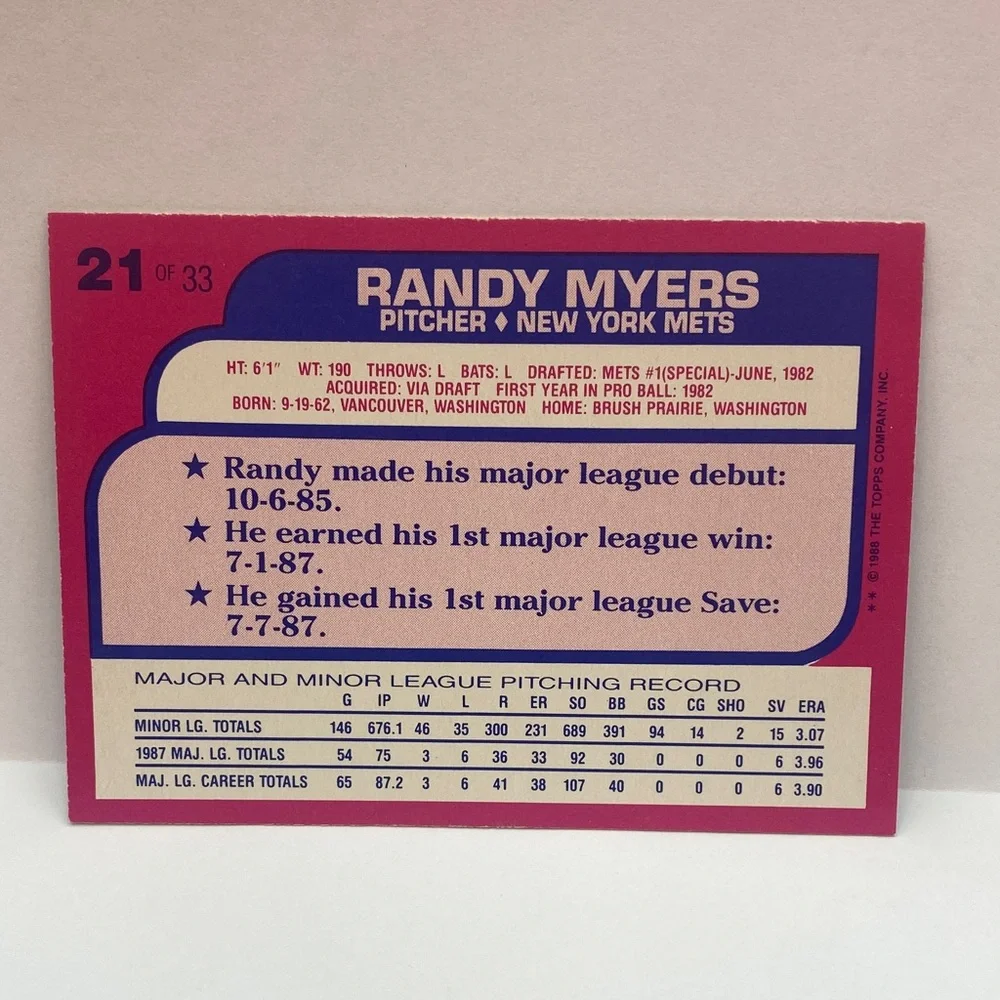 1988 Toys 'R' Us Rookies Randy Myers #21 (066) - Picture 2 of 2